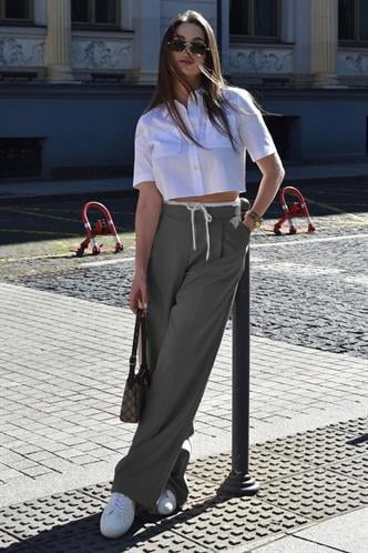 Antrasit Çift Bel Bantlı Wide Leg Kadın Pantolon MG2551