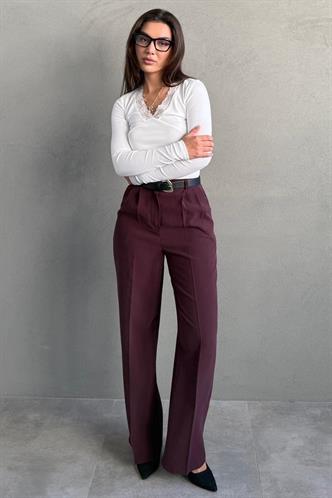 Mürdüm Yüksek Bel Pileli Kemerli Geniş Paça Kadın Pantolon MG2615