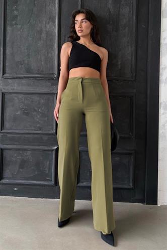 Haki Yüksek Bel Kumaş Pantolon MG2284