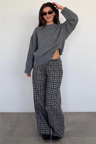 Gri Lastikli Bel Geniş Paça Ekose Pantolon MG2658