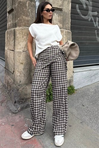Kahverengi Fularlı Ekose Pantolon MG2734