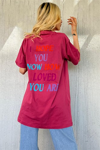 Pembe Baskılı Oversize Bisiklet Yaka Kadın Tişört