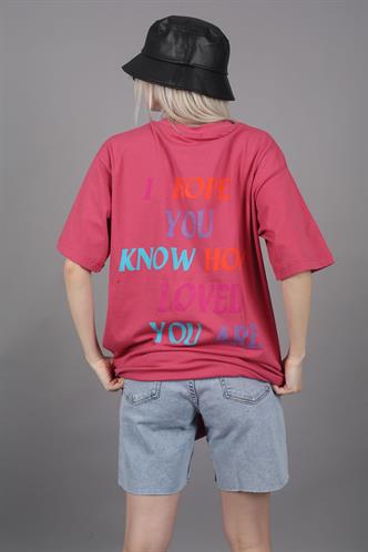 Pembe Baskılı Oversize Bisiklet Yaka Kadın Tişört