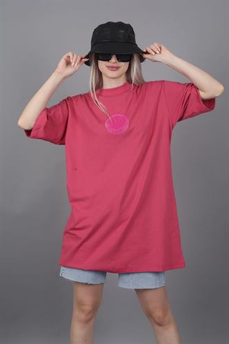 Pembe Baskılı Oversize Bisiklet Yaka Kadın Tişört