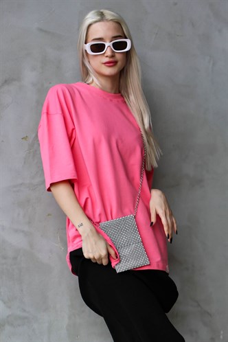 Pembe Bisiklet Yaka Basic Oversize T-shirt MG1687