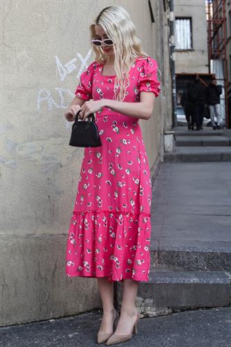 Pembe Çiçek Desenli Balon Kol Midi Elbise MG1820