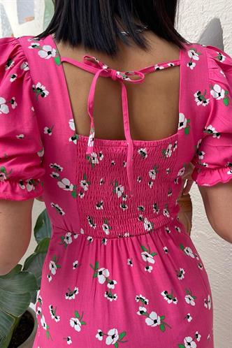 Pembe Çiçek Desenli Balon Kol Midi Elbise MG1820