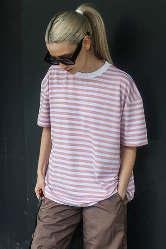 Pembe Çizgili Bisiklet Yaka Tişört MG1656
