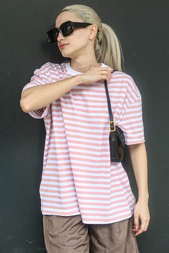 Pembe Çizgili Bisiklet Yaka Tişört MG1656