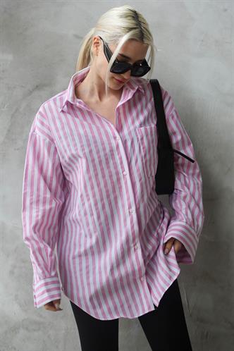 Pembe Çizgili Oversize Kadın Gömlek MG1688
