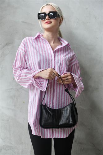 Pembe Çizgili Oversize Kadın Gömlek MG1688