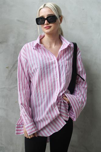 Pembe Çizgili Oversize Kadın Gömlek MG1688