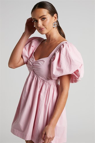 Pembe Kalp Yaka Balon Kol Kadın Elbise MG1620