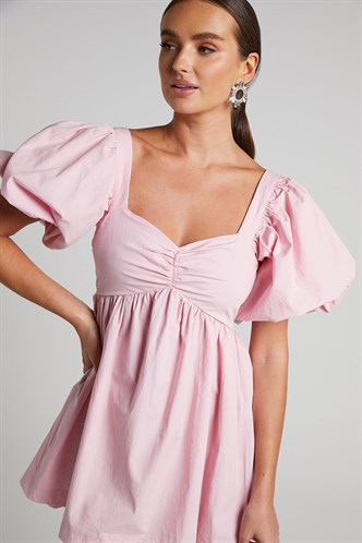 Pembe Kalp Yaka Balon Kol Kadın Elbise MG1620