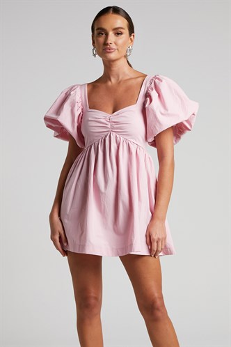 Pembe Kalp Yaka Balon Kol Kadın Elbise MG1620