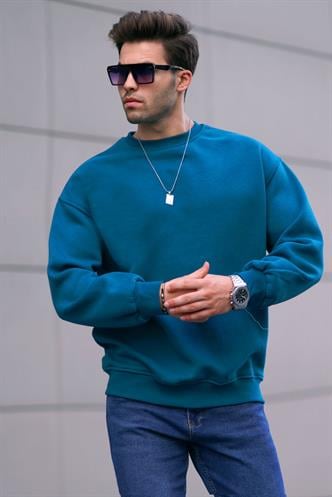 Petrol Mavi Bisiklet Yaka Oversize Şardonlu Basic Erkek Sweatshirt 6048