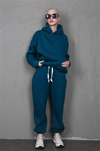 Petrol Mavi Kapüşonlu Oversize Kadın Eşofman Takım MG1905
