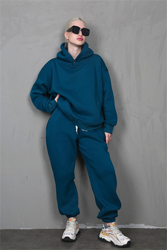 Petrol Mavi Kapüşonlu Oversize Kadın Eşofman Takım MG1905