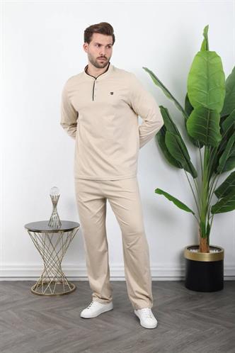 Bej %100 Pamuklu Düğmeli Yaka Erkek Pijama Takımı E7333