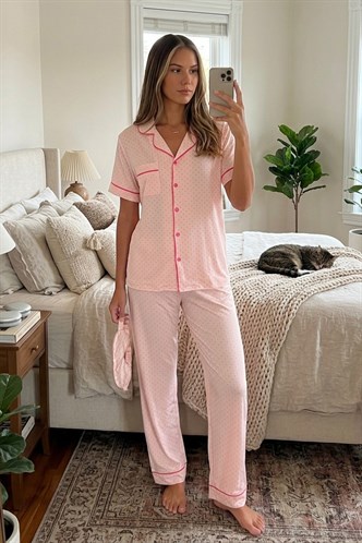 Pembe Desenli Düğmeli Soft Kadın Uzun Kollu Pijama Takımı MG2827