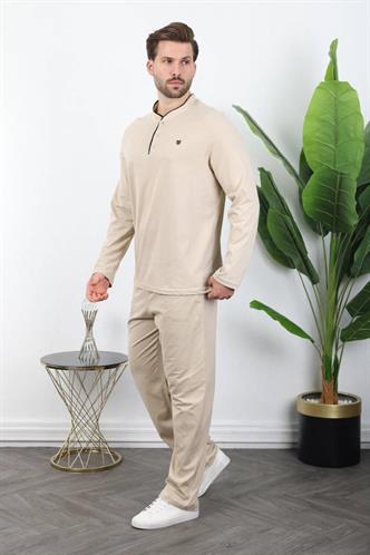 Bej %100 Pamuklu Düğmeli Yaka Erkek Pijama Takımı E7333