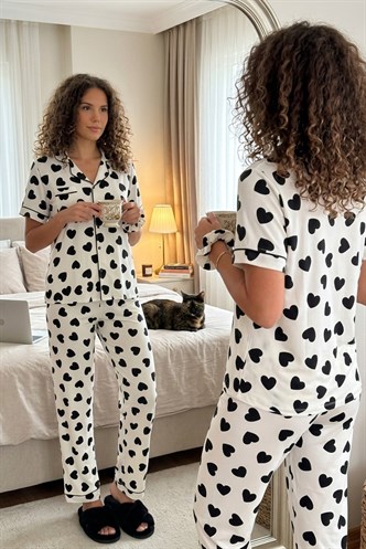 Bej Desenli Düğmeli Soft Kadın Uzun Kollu Pijama Takımı MG2827