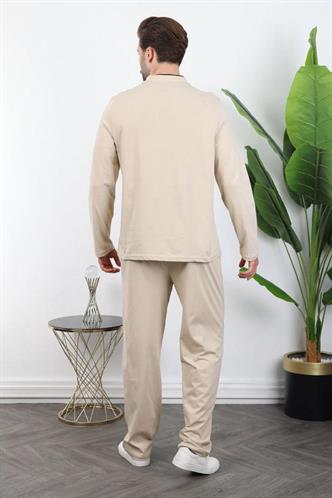 Bej %100 Pamuklu Düğmeli Yaka Erkek Pijama Takımı E7333