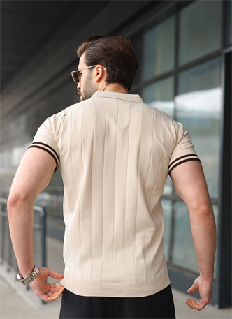 Madmext Erkek Taş Rengi Polo Yaka Fermuarlı Tişört 6876