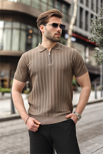 Açık Kahverengi Yarım Fermuarlı Polo Yaka Erkek Triko Tişört E7458