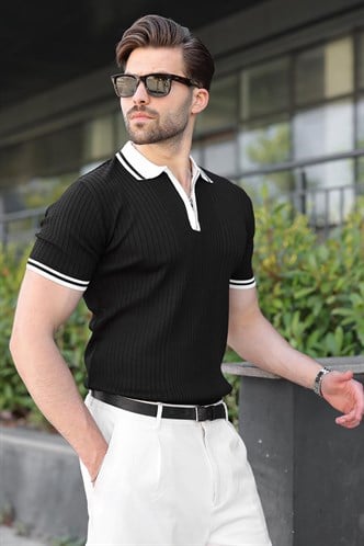 Siyah Yarım Fermuarlı Polo Yaka Triko Erkek Tişört E7501