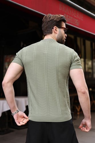 Haki Bisiklet Yaka Slim Fit Triko Erkek Tişört E7466