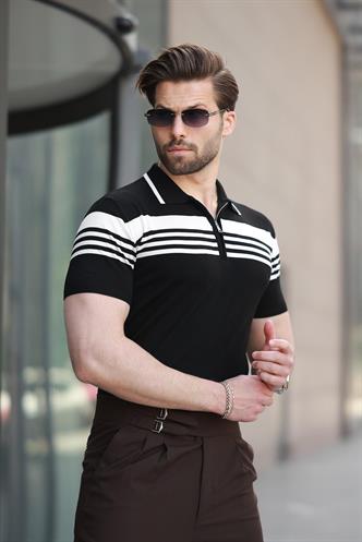 Siyah Fermuarlı Polo Yaka Erkek Triko T-shirt E7407