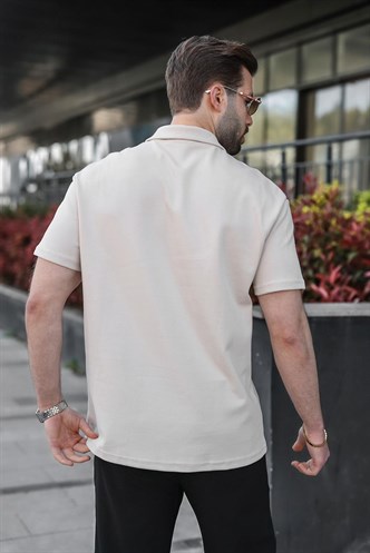 Açık Gri Yarım Fermuar Detaylı Polo Yaka Erkek Tişört E7184