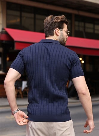 Lacivert Polo Yaka Slim Fit Triko Erkek Tişört E7465