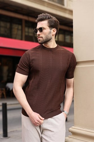 Kahverengi Bisiklet Yaka Slim Fit Triko Erkek Tişört E7466