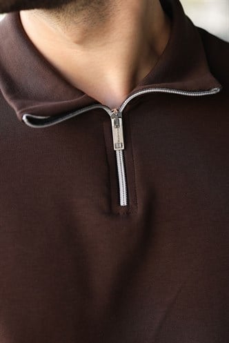 Acı Kahverengi Yarım Fermuar Detaylı Polo Yaka Erkek Tişört E7184