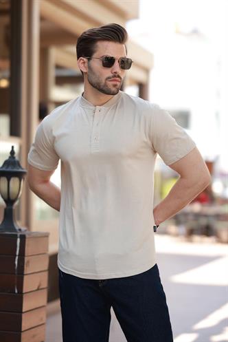 Bej Hakim Yaka Düğme Detaylı Kısa Kollu Tişört 7021