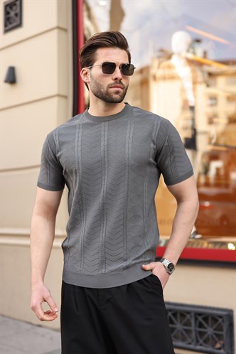 Antrasit Bisiklet Yaka Slim Fit Triko Erkek Tişört E7466