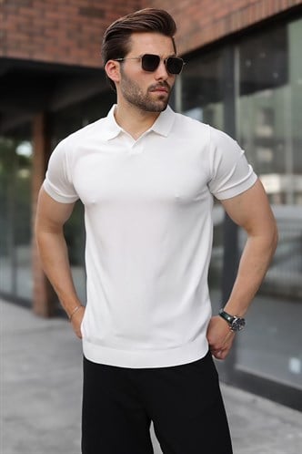 Beyaz Regular Fit Polo Yaka Triko Erkek Tişört E7502