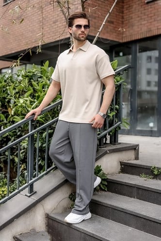 Taş Rengi Polo Yaka Oversize Erkek Tişört E7185