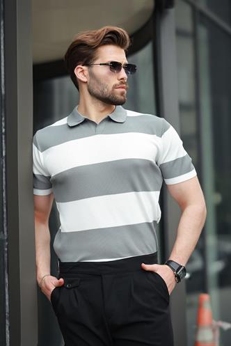 Beyaz Polo Yaka Çizgili Erkek Triko Tişört E7411