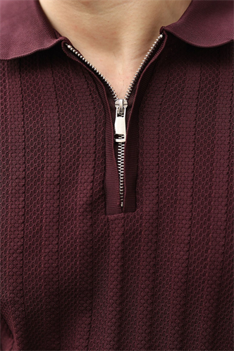 Bordo Yarım Fermuarlı Polo Yaka Erkek Kazak E7458
