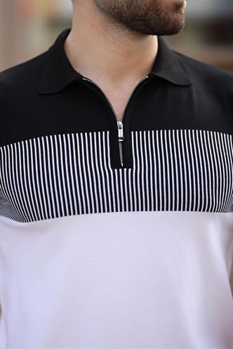 Beyaz Renk Bloklu Polo Yaka Triko Erkek T-shirt E7409
