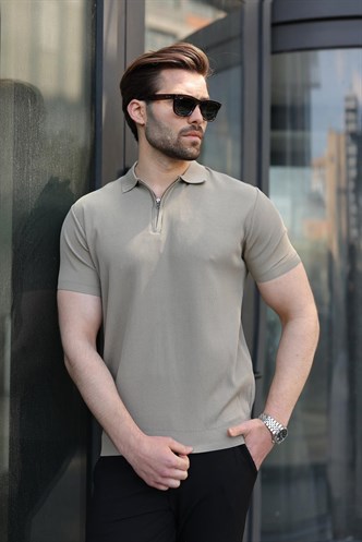 Kum Rengi Yarım Fermuarlı Polo Yaka Triko Erkek Tişört E7459
