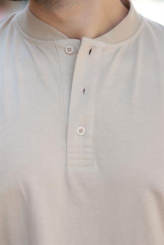 Bej Hakim Yaka Düğme Detaylı Kısa Kollu Tişört 7021