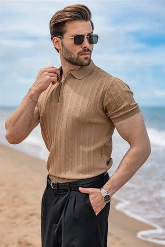 Camel Yarım Fermuarlı Polo Yaka Erkek Triko Tişört E7458