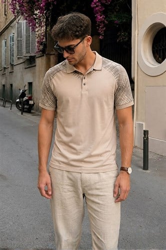 Bej Desenli Polo Yaka Erkek Tişört 6082
