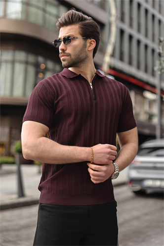Bordo Yarım Fermuarlı Polo Yaka Erkek Kazak E7458