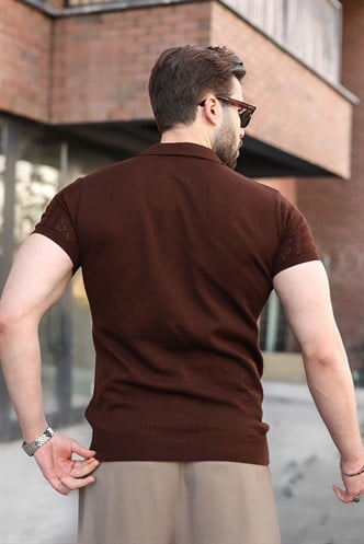 Kahverengi Delikli Polo Yaka Erkek Triko Tişört E7495
