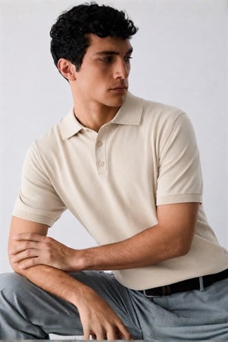 Bej Overfit Kısa Kollu Polo Yaka Erkek Tişört 7029